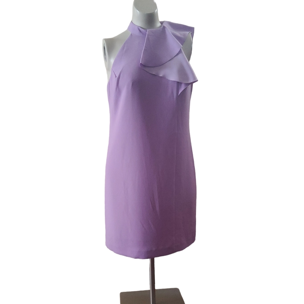 Trina Turk Halter Ruffle Sleeveless Sheath Cocktail Dress 12 Lilac Purple